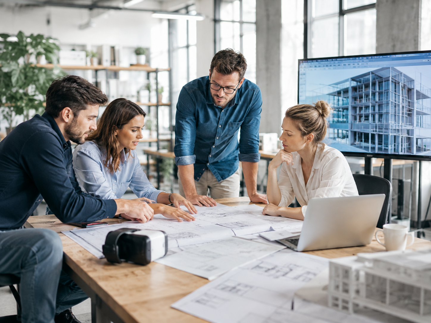 Séance de travail collaborative autour de plans d'architecture et d'un modèle BIM