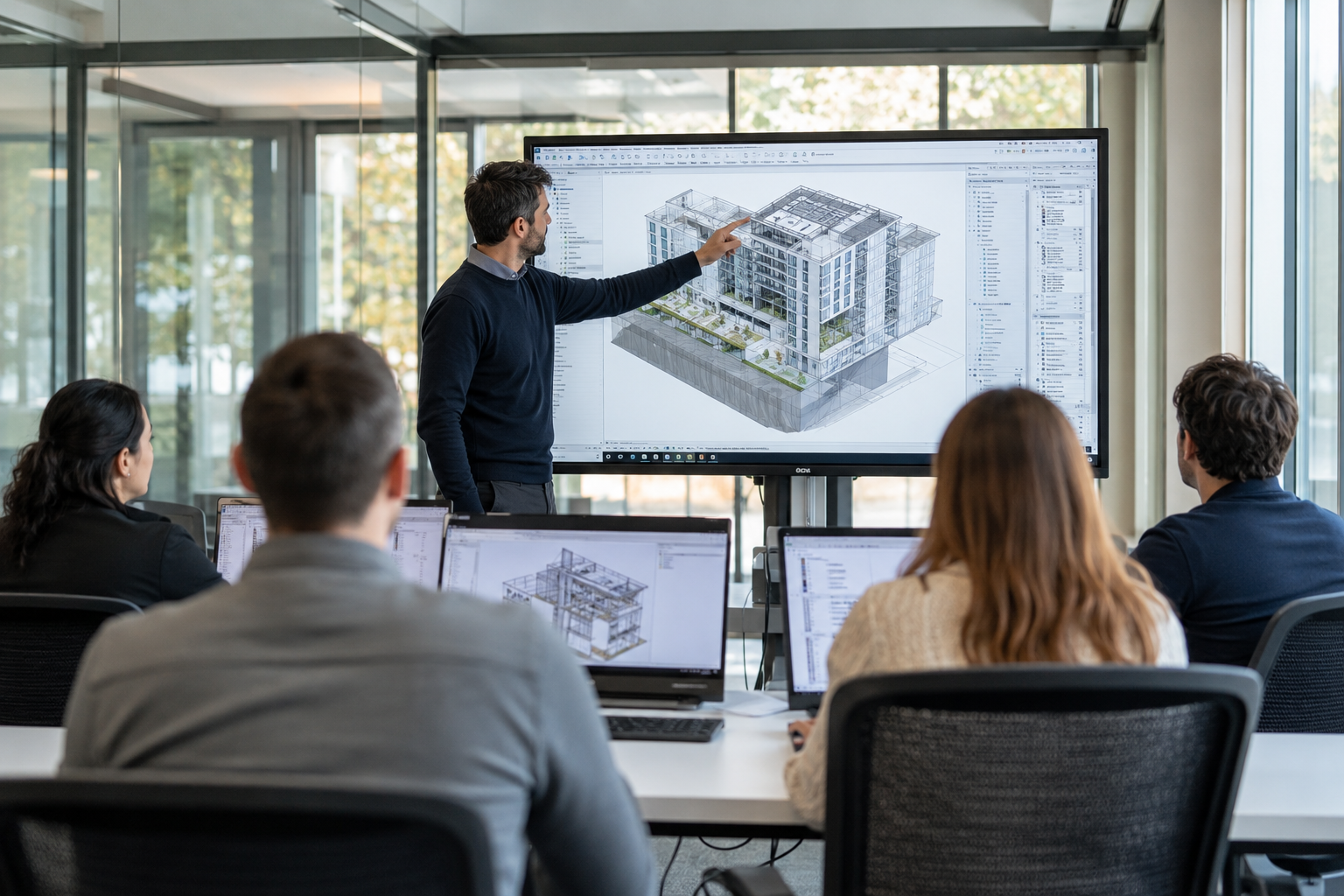 Formateur CADatWORK présentant une maquette Revit sur grand écran à un groupe de stagiaires