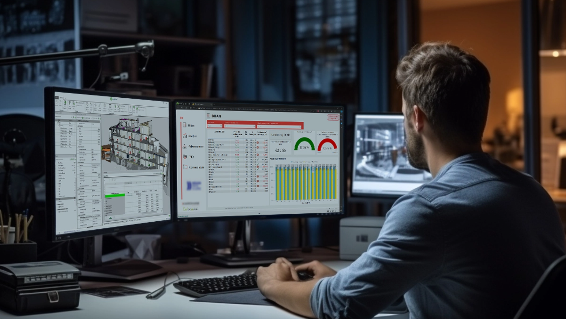 Ingénieur BIM travaillant sur des modèles 3D et tableaux de bord analytiques
