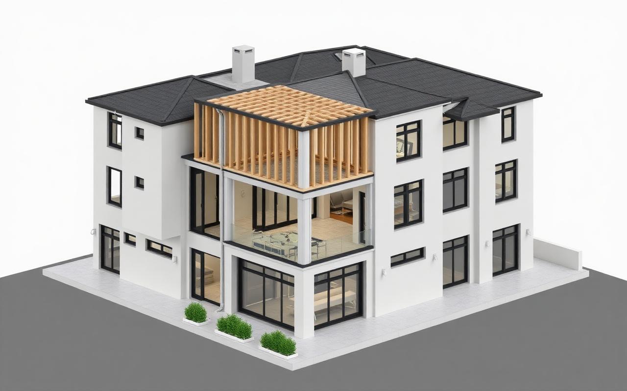 Maquette BIM d'un bâtiment moderne modélisé sous Revit ou Archicad