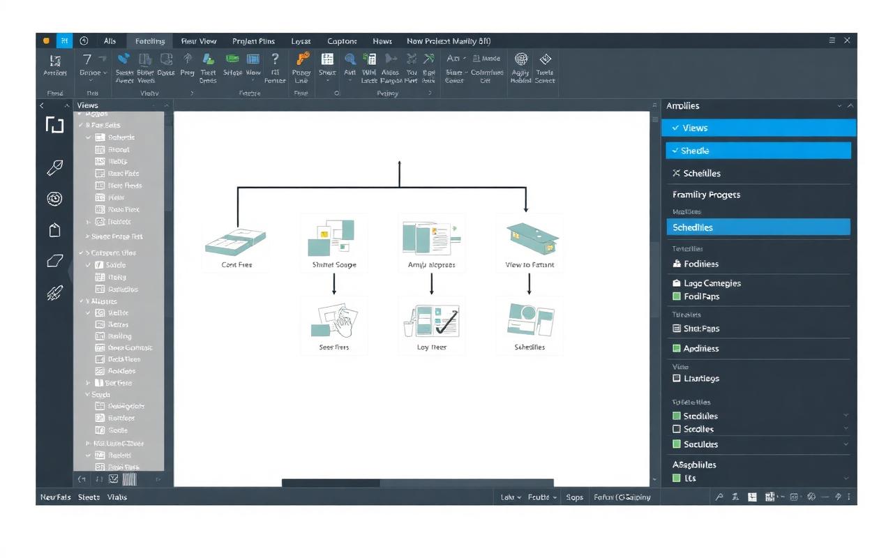 Explorateur de projet Revit structuré : vues, feuilles, familles et nomenclatures